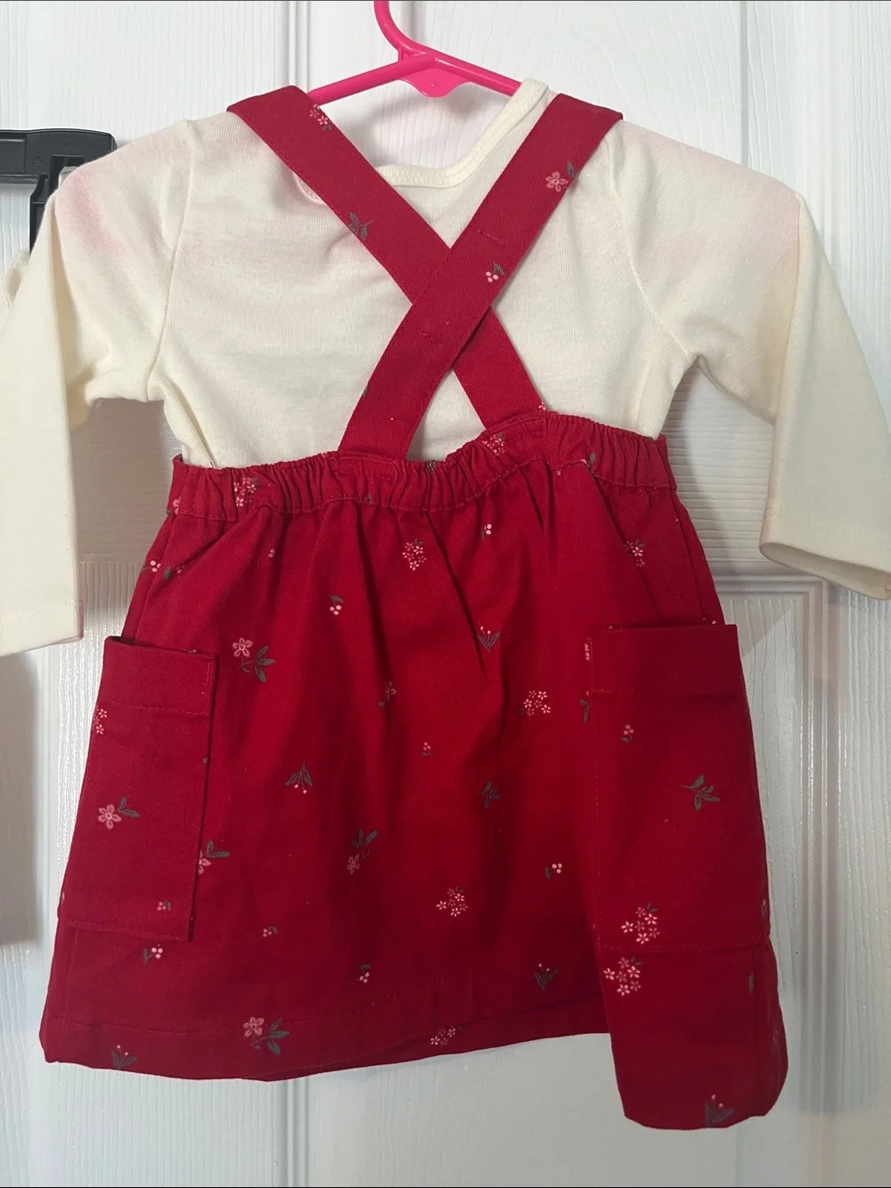 Red Floral Dress with Ivory Long Sleeve Tee